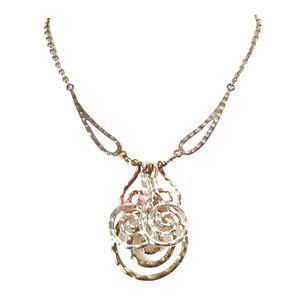 Hammered Metal Necklace Gold Tone Swirl Pendant Silver Color Cable Chain